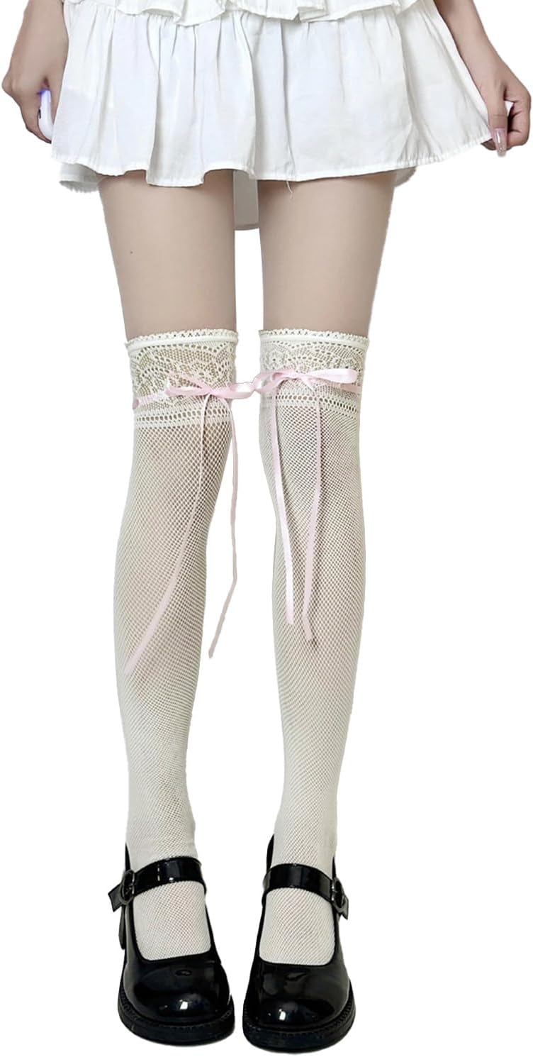 Ninejuize Thigh High Stockings with Bow, Santa Accessory Y2K Fishnet Socks with Lace Brim Lingerie Tights for Women - Image 1